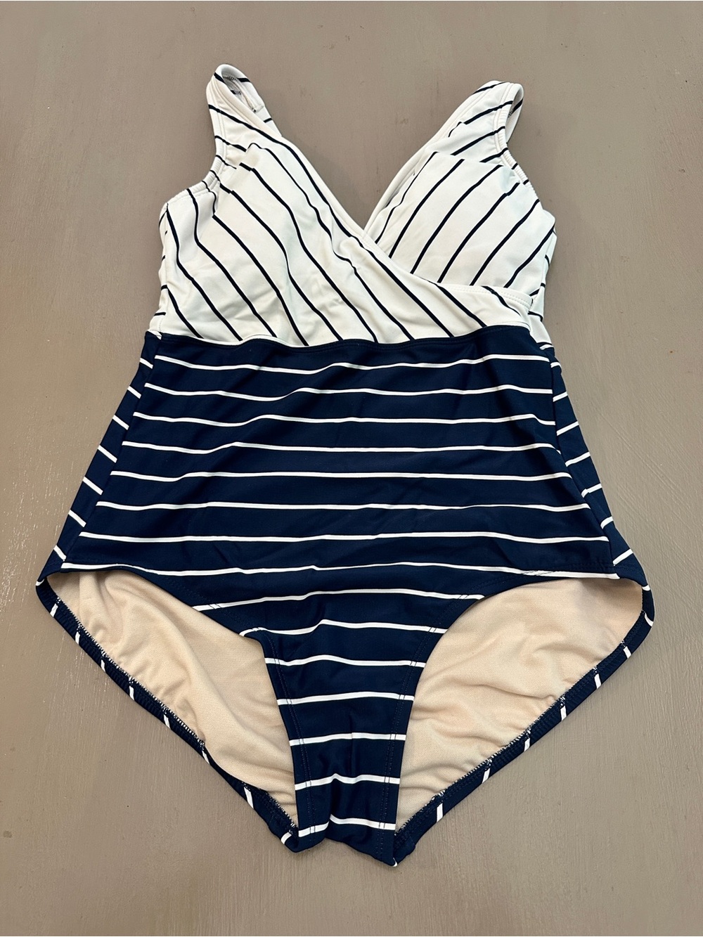 Kona Sol Womens Medium Navy Blue White Striped One Piece Swimsuit Wrap V-Neck